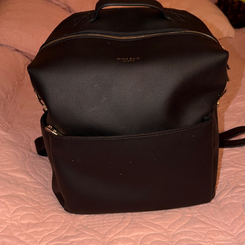 Mina Baie Black Leather Baby Backpack